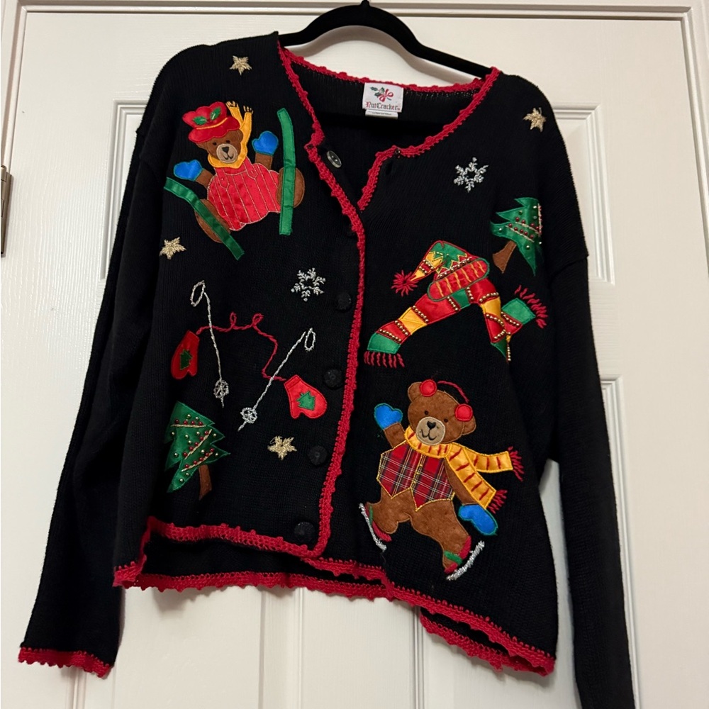 Festive Black Cardigan with Bear and Snowflake Design